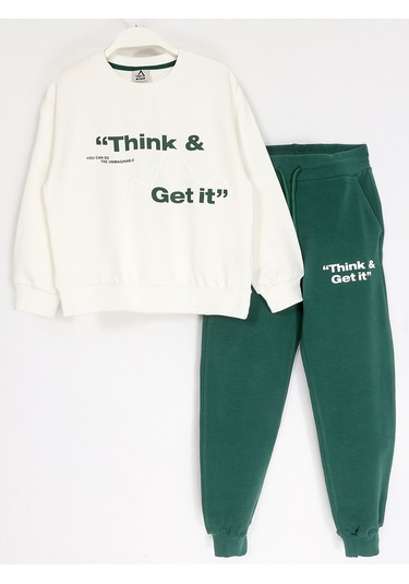 Slogan Baskılı Fırçalı Kumaş Kız Çocuk 2 İplik Eşofman 2028 Yeşil