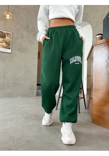 California West Coast Eşofman Altı Jogger - Yeşil Baskılı Lastik Paça Yüksel Bel Yeşil