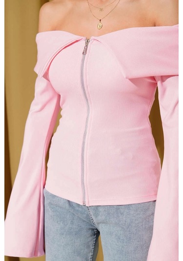 Omzu Açık Fermuarlı Bluz Pembe T4330 Pembe