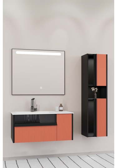 Sable 85 Cm Beyaz Lavabolu Banyo Dolabı - Siyah Kiremit (boy Dolap Dahil) Kiremit - Siyah