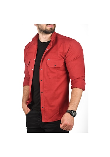 Deepsea Erkek Bordo Slim Fit Dar Kesim Spor Gömlek Likralı Pamuklu Kot Gömlek 2300419 Bordo