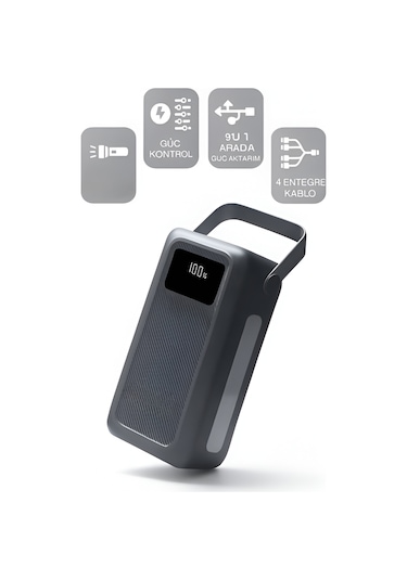 50000mah 22.5w Hızlı Şarj 4xusb 1xtype-c 1xmicro Led Işıklı Dahili Kablolu Çoklayıcı Powerbank Koyu Gri