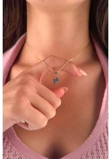 Fiyonk Kuyumculuk 14 Ayar Altın İpek Zincir Firuze Taşlı Kelebek Kolye 001