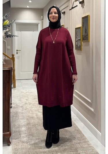 Rabia Şamlı Dora Triko Tunik Bordo Çok Renkli