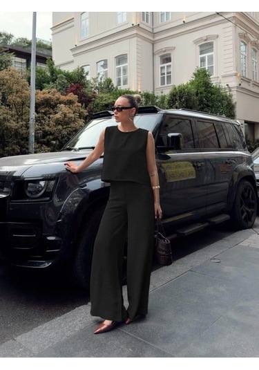 Kadın Bisiklet Yaka Kolsuz Bluz Ve Bol Paça Aerobin Kumaş Ikili Takım Siyah