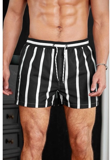 Angelsin Erkek Basic Standart Boy Çizgili Baskılı Mayo Cepli Deniz Şortu Siyah