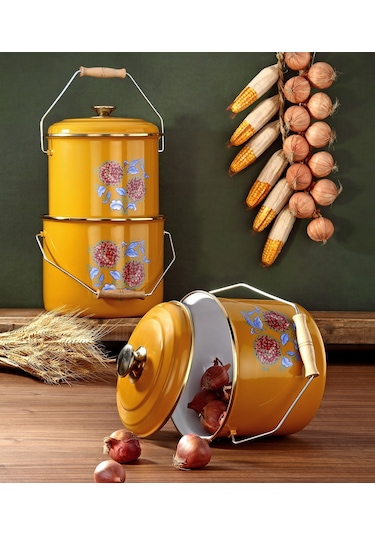 Bonera Emaye 3 Lü Bakraç Set - 20-22-24 Cm Hardal Sarı