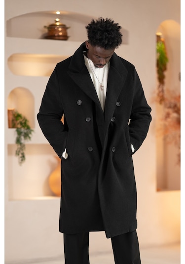 İtalyan Geniş Yaka Oversize Bol Kesim Salaş Uzun Kaban Siyah