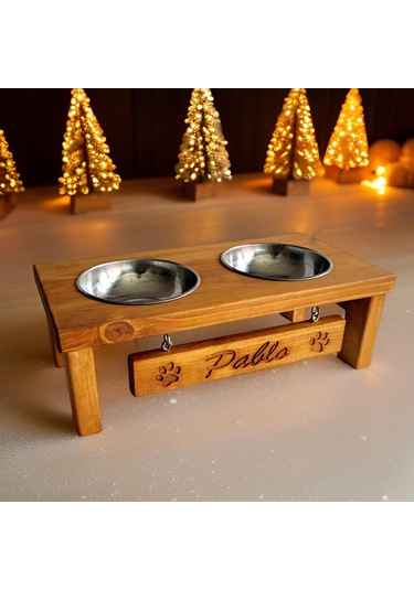 Woodesk Pati Doğal Ahşap Özel İsim İşlemeli Mama Ve Su Kabı