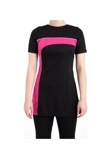 Kadın 667 Şeritli Kısa Kol Taytlı Tesettür Mayo Siyah-pembe-siyah - Pembe 31551 - 1 Siyah - Pembe