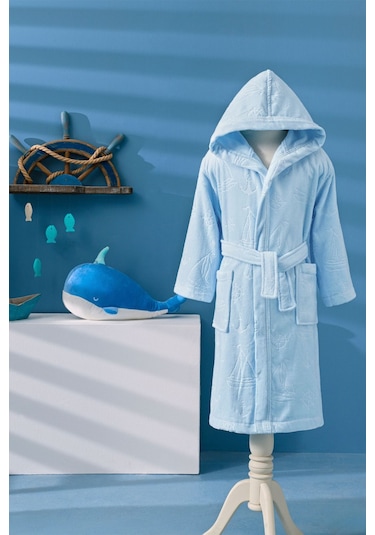 Boy Marine Kapüşonlu Kadife Çocuk Bornozu 15 Yaş Mavi