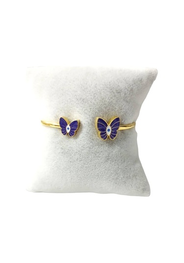 Çelik Mor Kelebek Detaylı Altın Renkli Kararmaz Kadın Bilezik Bileklik Çelik