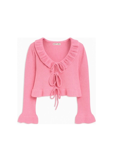 6899 Kadın Önden Bağcıklı Hırka Pembe Pembe