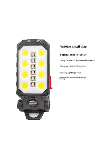 Dofolink Usb Şarjlı Manyetik Cob Çalışma Lambası - Pil Göstergeli, 18650 Li-poly Batarya, 100-200m Mesafe, El Feneri W599