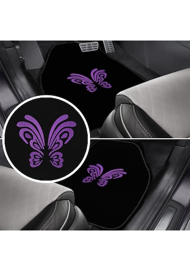 Kelebek Desenli Mor Nakışlı 5 Parça Siyah Oto Halı Paspas Seti Kadın Sürücülere Özel Şık Tasarım
