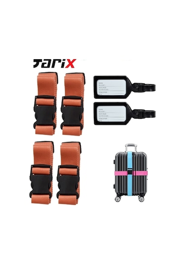 Tarix 4 Adet Turuncu Valiz Kemeri + 2 Adet Siyah Valiz Etiketi Turuncu