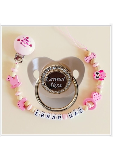 Sahi Aksesuar Isimli Bebek Emzik Zinciri Ve Taşlı Bebek Silikon Emzik Seti 0-6 Ay - Sahi 1233 Çok Renkli