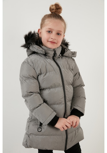 Lela Yakası Suni Kürklü Peluş Astarlı Çıkarılabilir Kapüşonlu Dar Kesim Kışlık Kız Çocuk Mont 5760002 Silver