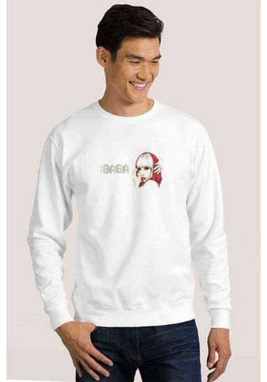 Stkrh72 Lady Gaga Baskılı Beyaz Erkek Örme Sweatshirt