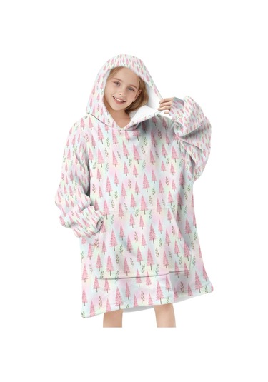 Noel Temalı 6-13 Yaş Çocuk Giyilebilir Battaniye Hoodie, Kalın Peluş, Büyük Boy-a71 Krem - Pembe