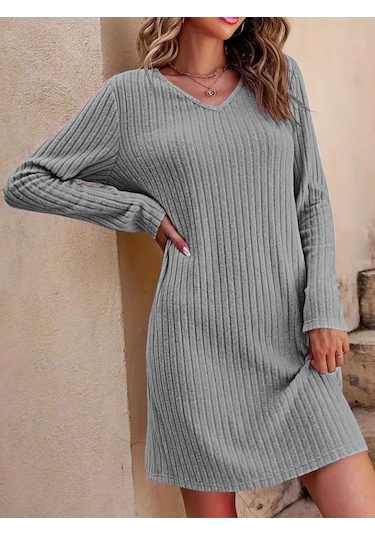 Kadın Uzun Kollu V Yakalı Kısa Şardonlu Kaşkorse Elbise Gri