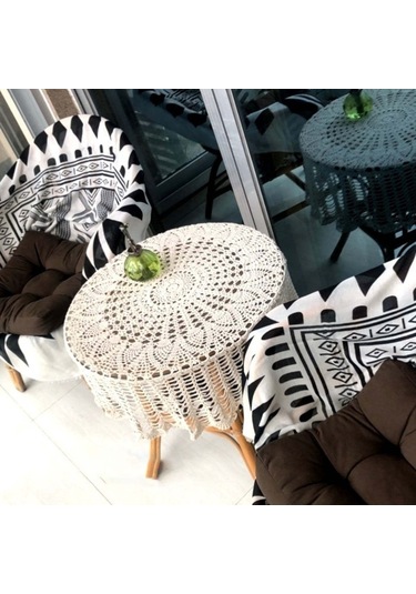 Springsun El İşi Dantel Masa Örtüsü - Pamuklu Yuvarlak Çiçek Desenli Dekoratif Örtü Beyaz