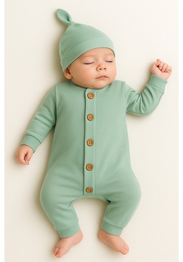 Mevsimlik %100 Pamuk Bereli Bebek Tulum Takım - Yeni Sezon Unisex Yeşil