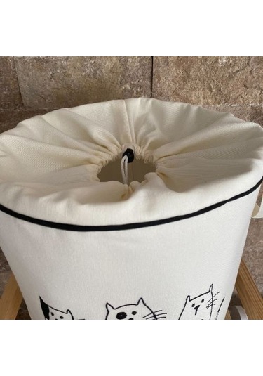 HS Hometex Kedicik Nakışlı Bez Kirli ve Oyuncak Sepeti