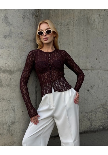 Kadın Bisiklet Yaka Önden Düğmeli Full Esnek Dantel Bürümcük Spor Şık Tasarım Gece Bluzu Kahverengi