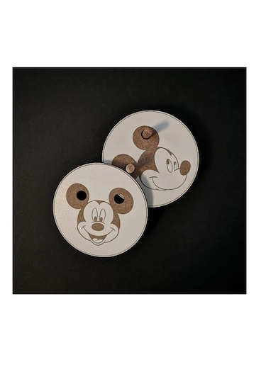 Ahşap Bardak Altlığı Miki Mouse Dekoratif Silinebilir 6'lı Set Beyaz