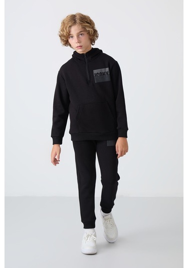 Tommy Life Siyah Pamuklu Kalın İçi Tüylü Yumuşak Dokulu Standart Fit Baskılı Erkek Çocuk Eşofman Takım - 11246 Siyah
