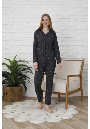 Fames Pijama Uzunkol Düğmeli Penye Pijama Takimi Kalpli Pudra