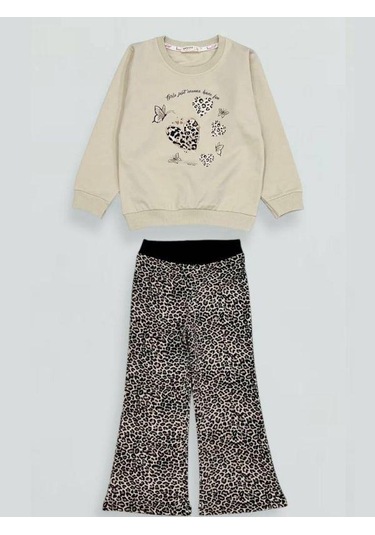 Kız Çocuk Leopar Desenli Pamuklu Eşofman Takım-15333 Bej