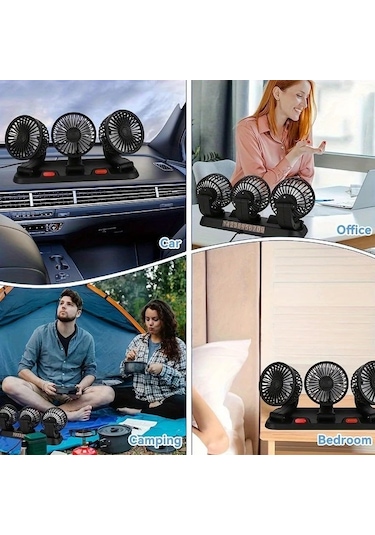Dashanshop Siyah Güçlü 3 Başlıklı Araba Fanı 360 Dönebilir Usb 15w Çift Hız Ayarlanabilir 5 Büyük Bıçaklı Araba Ve Ev Laptop Aksesuarı