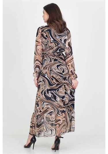 Dipmoda Kadın Kruvaze Yaka Bağlama Detaylı Eteği Fırfırlı Uzun Şifon Elbise Kts003 Camel/siyah