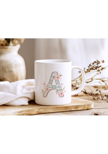 A Harfli Çiçek Desenli Kupa Bardak - Ekose Desenli Yeşil Pembe Desenli Tasarım - Kişiye Özel Hediye Beyaz