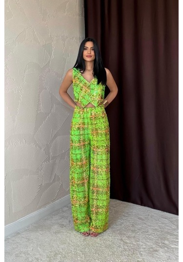 Sensuelle Yeşil Pullu Yelek Ve Pantolon Takım Yeşil