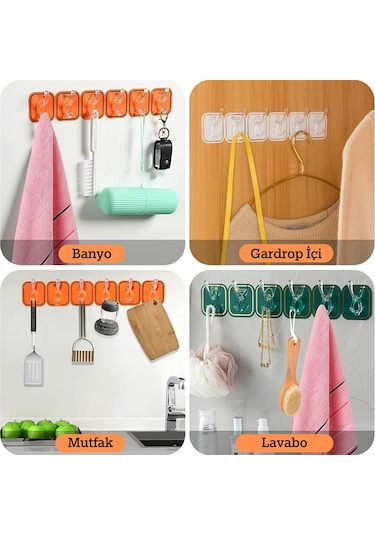 Kendinden Yapışkanlı Askı Tek Parça Renkli 6 Kancalı Pratik Duvar, Banyo, Mutfak Askısı Diğer