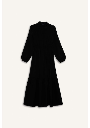 DeFacto 	Gömlek Yaka Basic Düz Düğmeli Beli Büzgülü Uzun Kollu Maxi Elbise D5851AX25SPBK81
