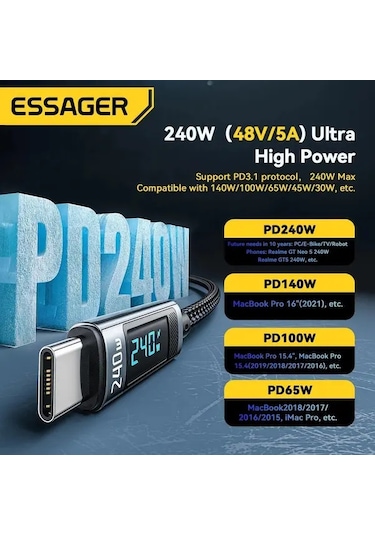 Willowhaven Essager 240w Dokuma Usb C Kablo 2 Adet Macbook Uyumlu Pro 2020 İpad Uyumlu Pro Şarj Kablosu 200cm Gri