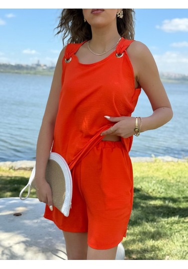 Modaserdem Kadın Kolsuz V Yaka Kuş Gözü Detay Bluz Short Aerobin Ikili Takım Turuncu