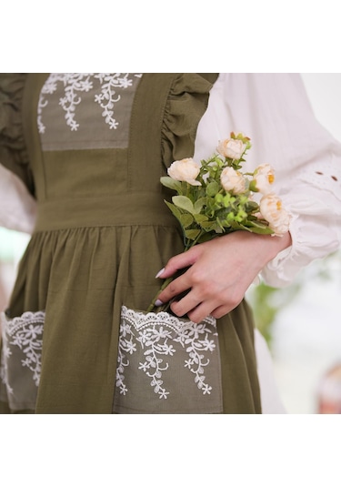 Kadınlar İçin Cepli Vintage Önlükler Sevimli Dantel Fırfır Ayarlanabilir A Ordu Yeşili, Diğer