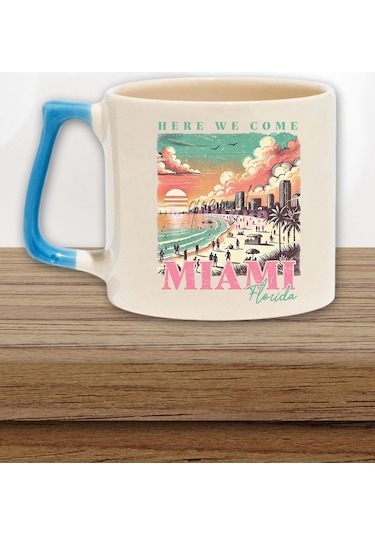 Miami Summer Trip Baskılı Yaz Tatili Plaj Eğlencesi Hediyelik Kulplu Kupa Bardak MAvi