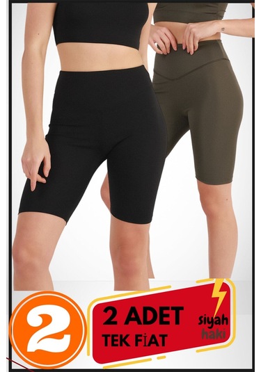 Kadın Kısa Siyah & Haki Şort Tayt 2'li Paket Lycralı Yüksek Bel Toparlayıcı Mevsimlik Biker 21074 Siyah - Haki