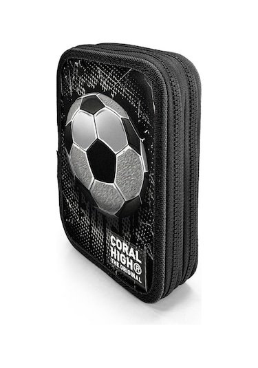 Coral High Kids Futbol Desenli Çift Katlı Kalem Çanta 11153 Siyah - Gri