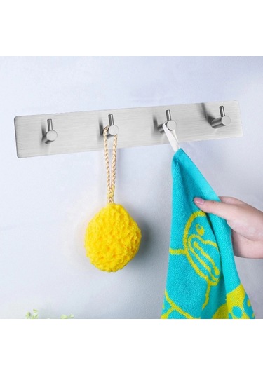 Askılık Yapışkanlı Dikdörtgen Çubuklu 4 Kancalı Krom Çok Renkli