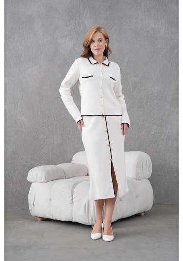 Kadın Polo Yaka Düğme Detay Ceket Uzun Etek İkili Triko Takım Taş