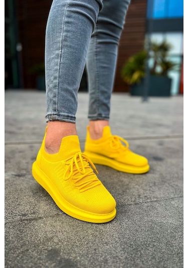 Pabucmarketi Bağcık Detaylı Triko Kumaş Erkek Spor Ayakkabı Sarı Çok Renkli