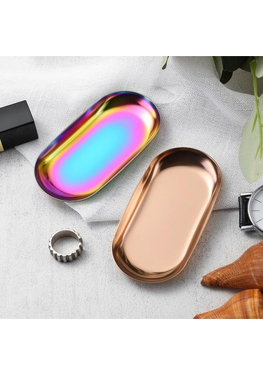 Paslanmaz Çelik Manikür Takı Saklama Tepsisi Metal Kozmetik Saklama Oval Pasta Meyve Tatlı Tepsisi Atıştırmalık Tabağı Mutfak Düzenleyici Rose Gold