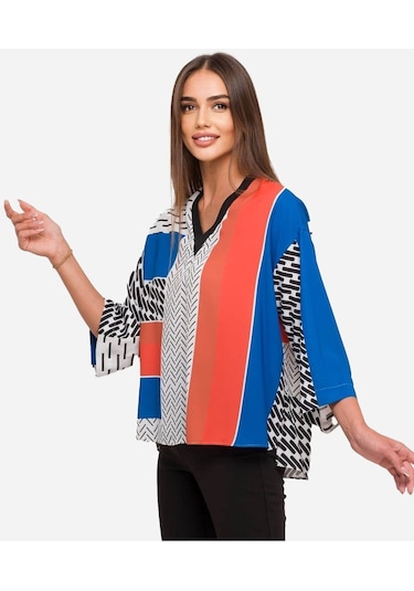 Kadın Geometrik Desenli Blok Renkli Bluz Frn1103 Mavi